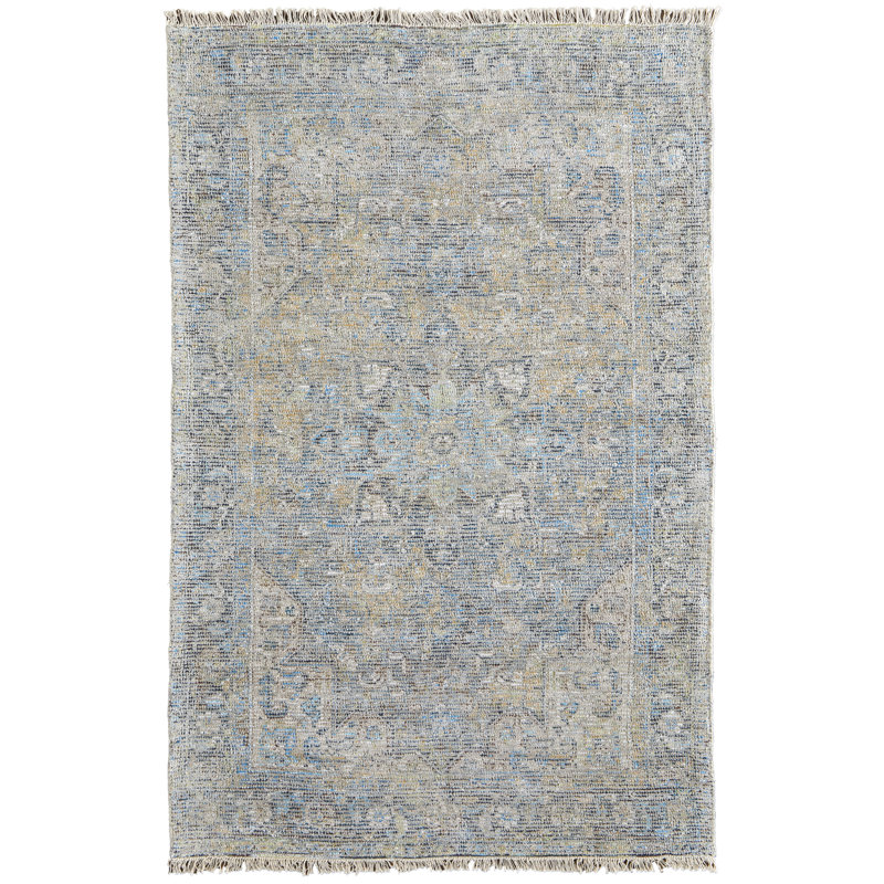 Tapis oriental beige / bleu tissé à plat à la main Auni, Rectangle 7 pi 6 po x 9 pi 6 po
