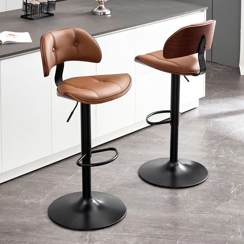 Tabouret de bar pivotant et réglable en hauteur avec repose-pieds, Siège brun / cadre noir, 2