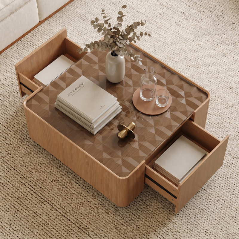 Table basse 31,5 "moderne carrée avec plateau en verre et 2 tiroirs, centre de table en bois