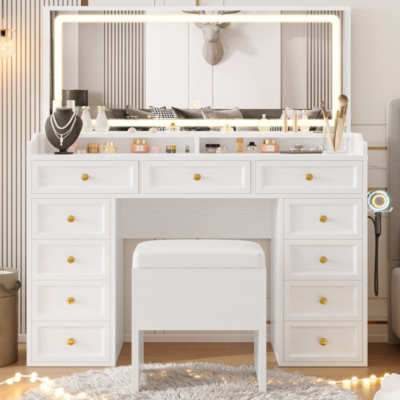 Vanity Desk with 11 Drawers and Large Led Lighted Mirror, 47" Large Makeup Vanity Table with A Power Outlet, Storage Stool, Vanity Set for Bedroom, White