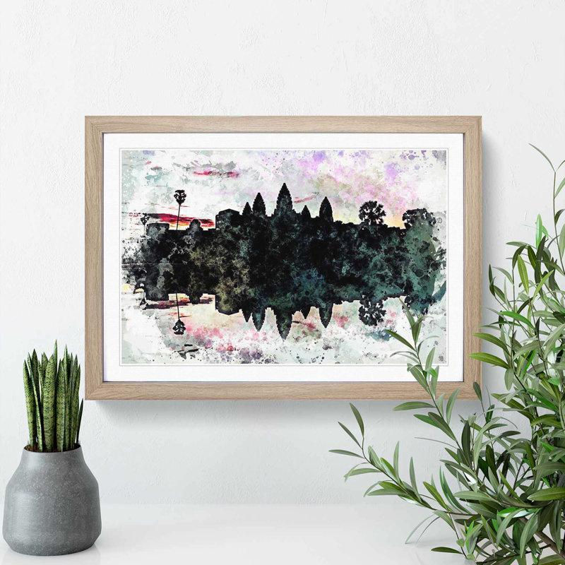 Angkor Wat in Cambodia in Abstract - Picture Frame Painting Print, 62cm H x 87cm W x 2cm D, Oak Framed