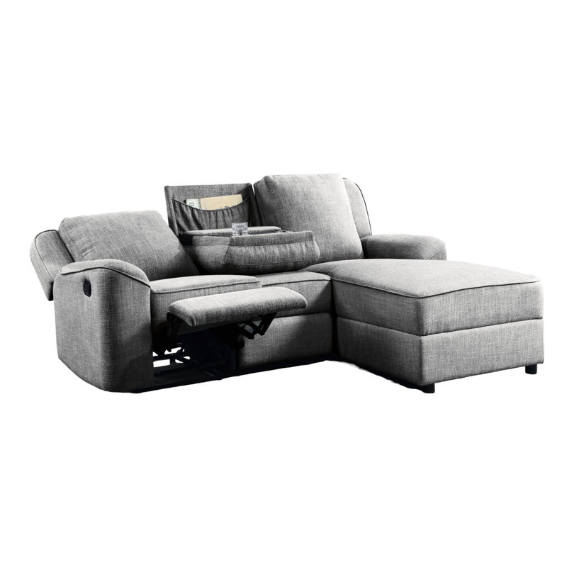 Relaxing Gray Linen Sectional Seat With Convenient Dropdown Table Facility Modernistic Efficient Feature