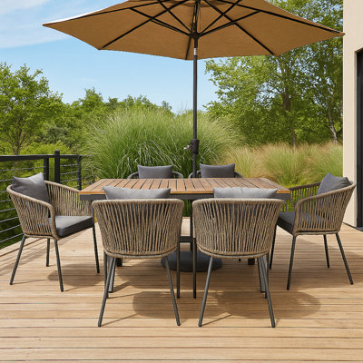 Ensemble de salle à manger 7 pièces pour patio, table en bois d'acacia toutes saisons avec structure en métal et 6 chaises en corde, coussins et coussins inclus, mobilier de jardin rectangulaire pour terrasse, porche, balcon
