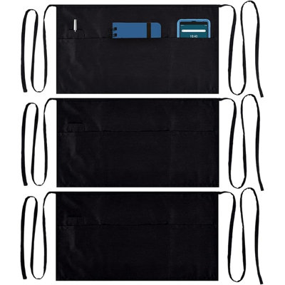  Ensemble de 3 tabliers de service noirs avec 3 poches et sangles de taille longues