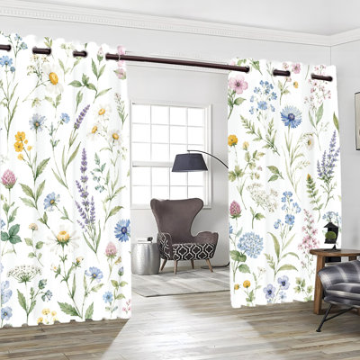2Pcs Watercolor Wildflower Botanical Grommet Blackout Curtains, Spring Watercolor Wild Botanical Design, Privacy Protection, Sun Blocking, Thermal Insulated, Room Darkening, for Guest Room Home Decor
