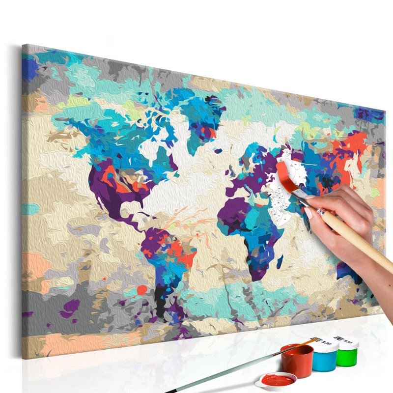 Trousse de peinture par numéros - carte du monde - bleu et rouge