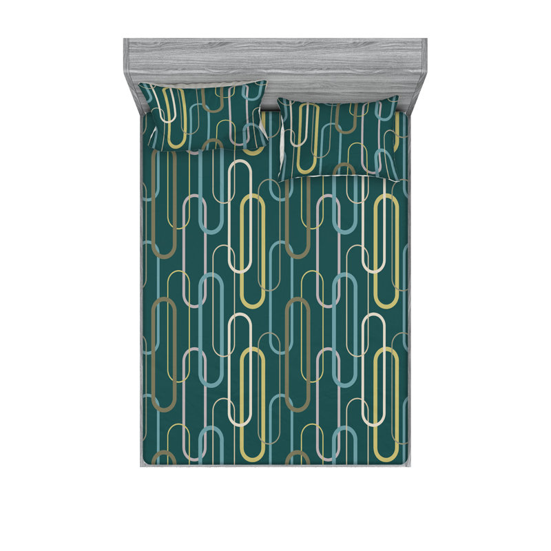 Drap-housse et taies décoratives 3 pièces Ambesonne, Bleu sarcelle foncé / motif géométrique multico