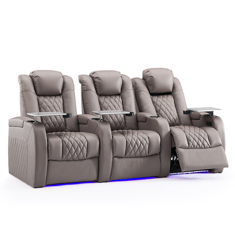 Upholstered Power Reclining Home Theater Seating with Cup Holder, Gray Genuine Leather
