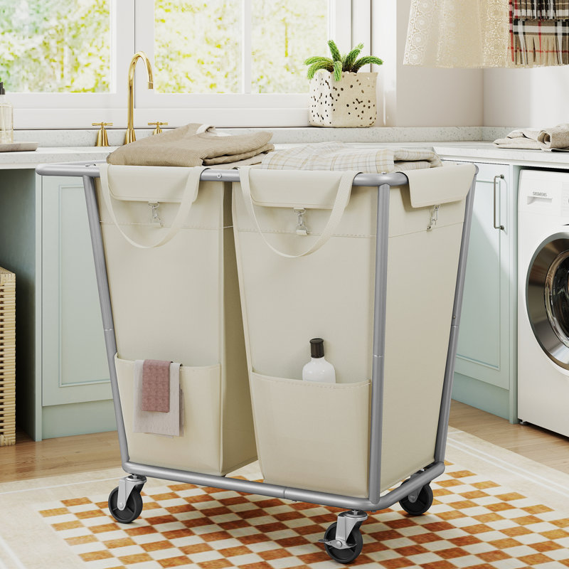 Laundry Basket With Wheels, 2-Section Laundry Sorter, 50.2 Gallons (190 L) Rolling Hamper With Removable Bags, Heavy-Duty Steel Frame