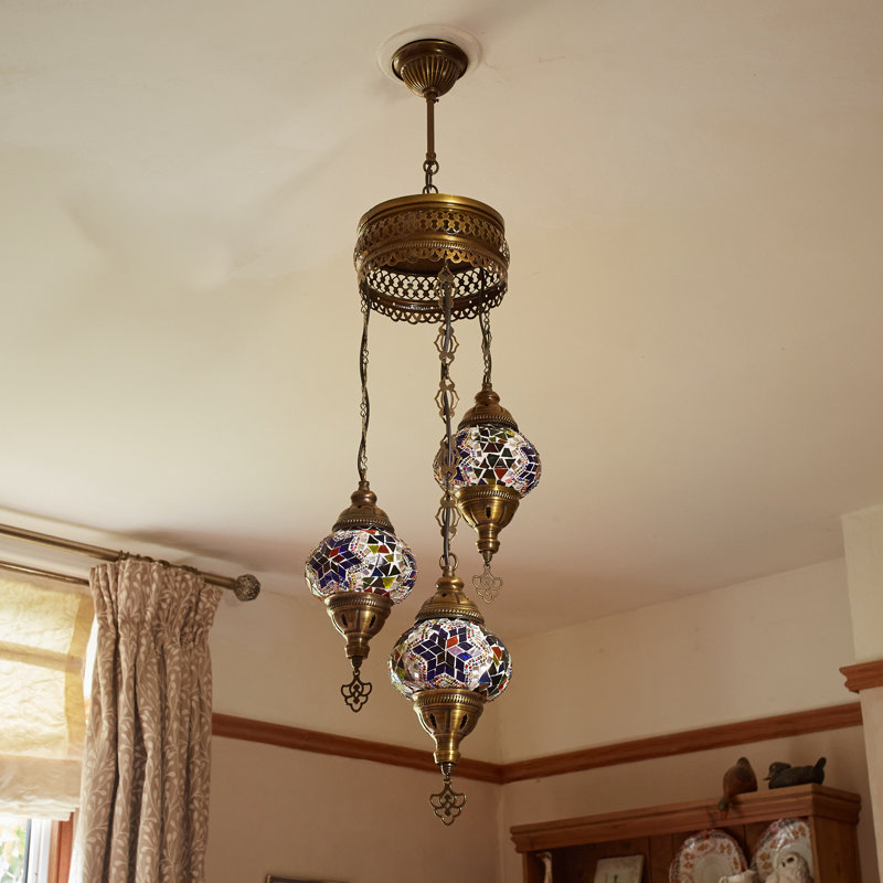 Karlie 3 - Light Antique Bronze Cluster Pendant, Blue/Yellow/Green