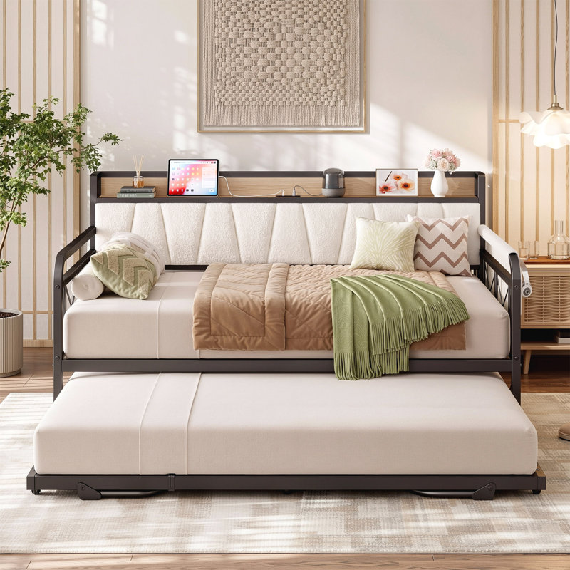Space-Saving Convertible Daybed, Includes Pull-Out Trundle & Headboard with Storage and USB Outlets, Dark Green, Twin