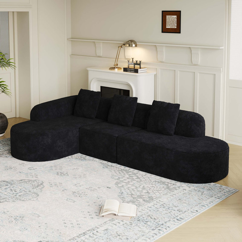 Canapé modulaire incurvé de 111,8 pouces en forme de L, conception moderne en tissu de polyester à poils longs texturé litchi, dossier incurvé avec 3 coussins