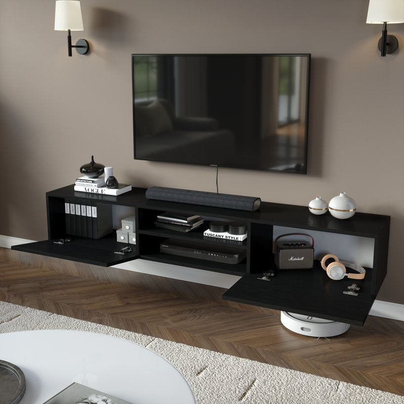 Meuble télé flottant pour téléviseur de 80 po ou moins Desmone, console multimédia murale, grain de bois noir 71 po