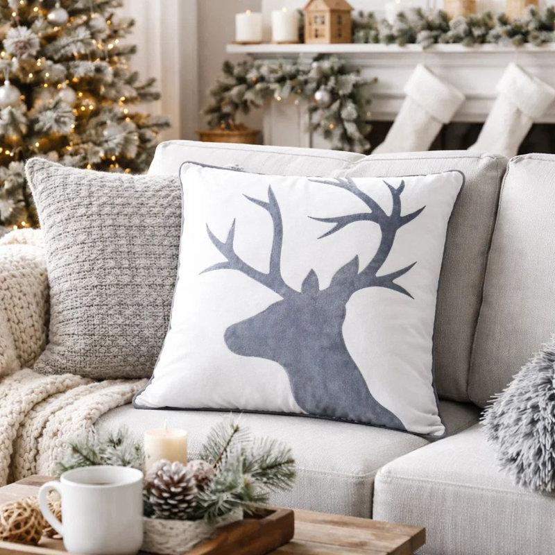 Housse de coussin Holiday Holiday, velours renne blanc et gris, carré de 20 pouces