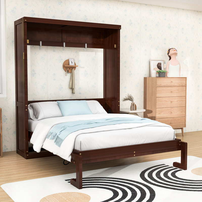 Lit escamotable en bois avec lattes, Lit double, Espresso