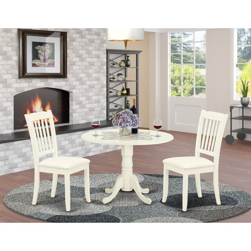 L'ensemble de table de cuisine 3 pièces pour petits espaces comprend une table de salle à manger ronde avec Dropleaf et 2 chaises en tissu de lin, blanc lin