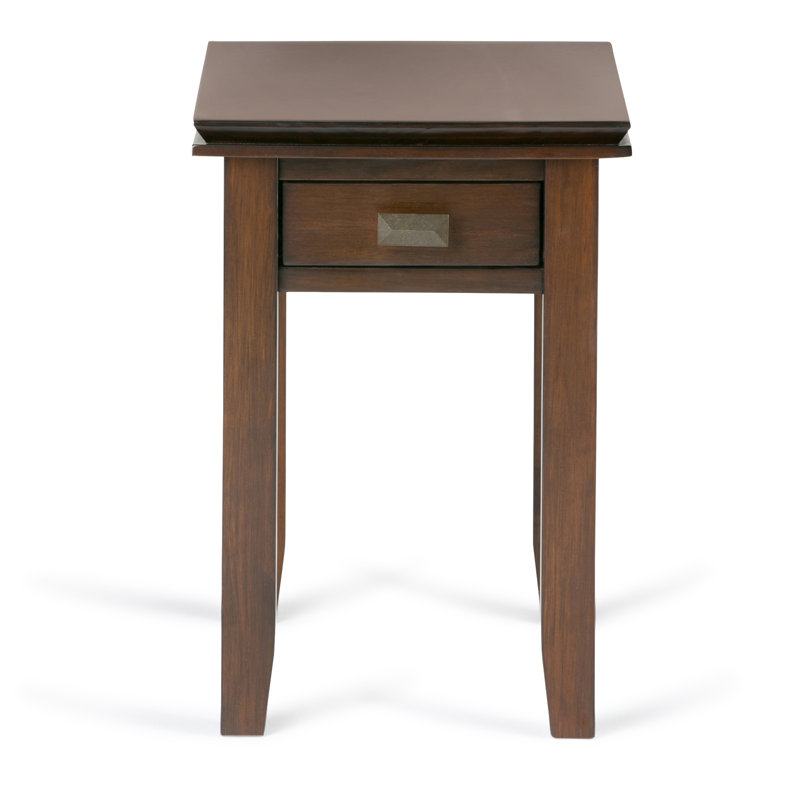 Artisan Solid Wood Transitional Narrow Rectangular End Table with Drawer and Tapered Legs, Medium Auburn Brown
