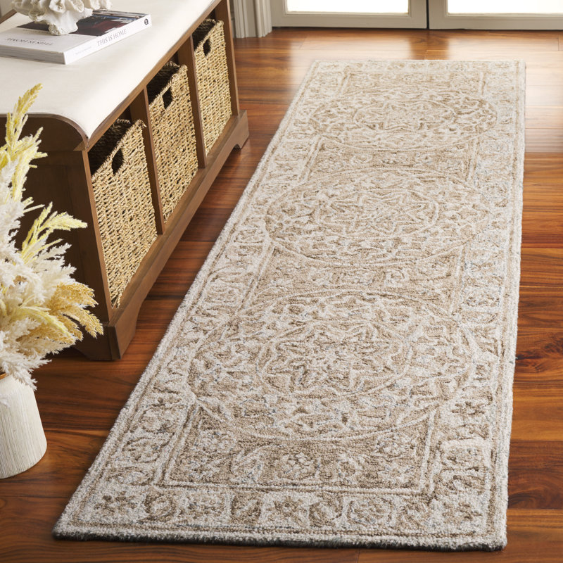 Loujain Hand Tufted Wool Cotton Floral Rug in Brown/Light Blue, Runner 2'3" x 8'