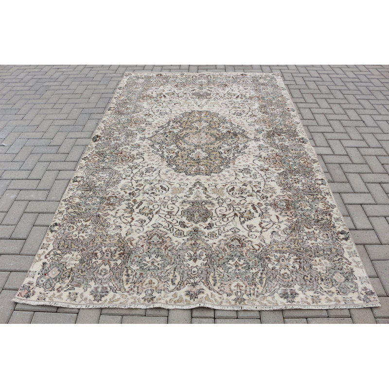 Grand tapis turc beige fabriqué à la main en laine avec un motif tribal parfait pour la décoration intérieure