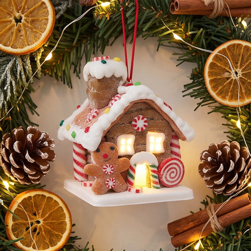 Maison de Noël lumineuse en polymère, en forme de maison de conte de fées, à poser sur une table. Fonctionne à piles. Veilleuse idéale pour la maison ou le bureau. Cadeau parfait pour les fêtes.