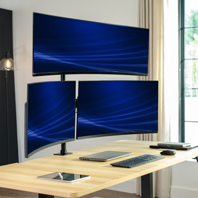 Support de bureau VIVO pour trois écrans, 2 bras mécaniques + 1 bras fixe, écrans de 32" à 49".