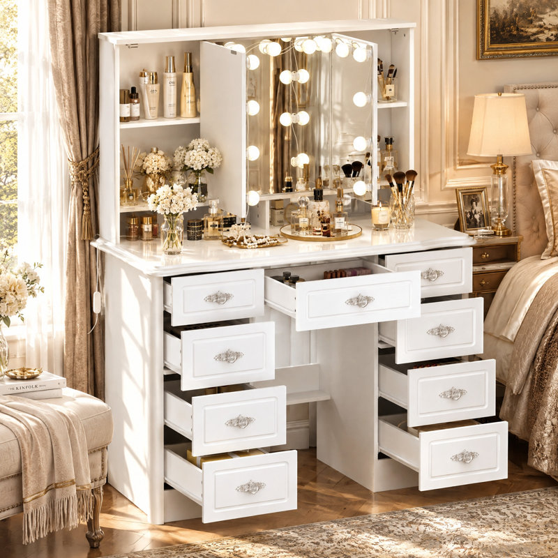 Coiffeuse de 43,3 po de largeur avec miroir à trois volets, 15 lumières DEL et 9 tiroirs
