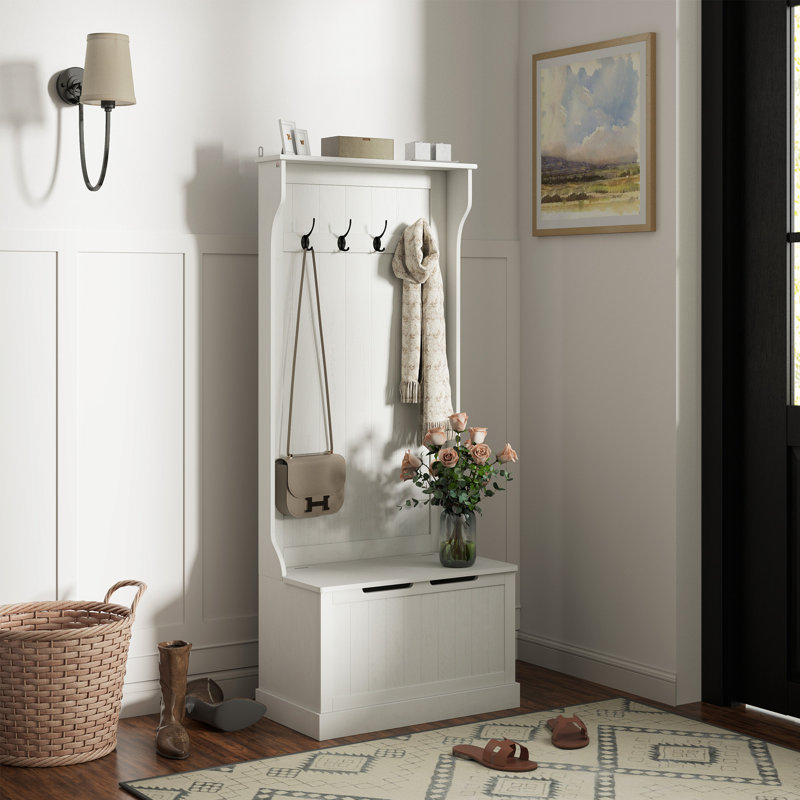 Arbre d'entrée avec portemanteau, banc de rangement et assise, Blanc, H 67 po x l 28,25 po x P 15,5 po