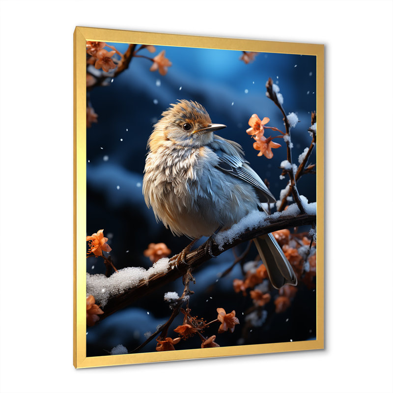 «Winter Bird Serenity I», art mural oiseau, Cadre doré simple, H 32 po x l 16 po x P 1 po