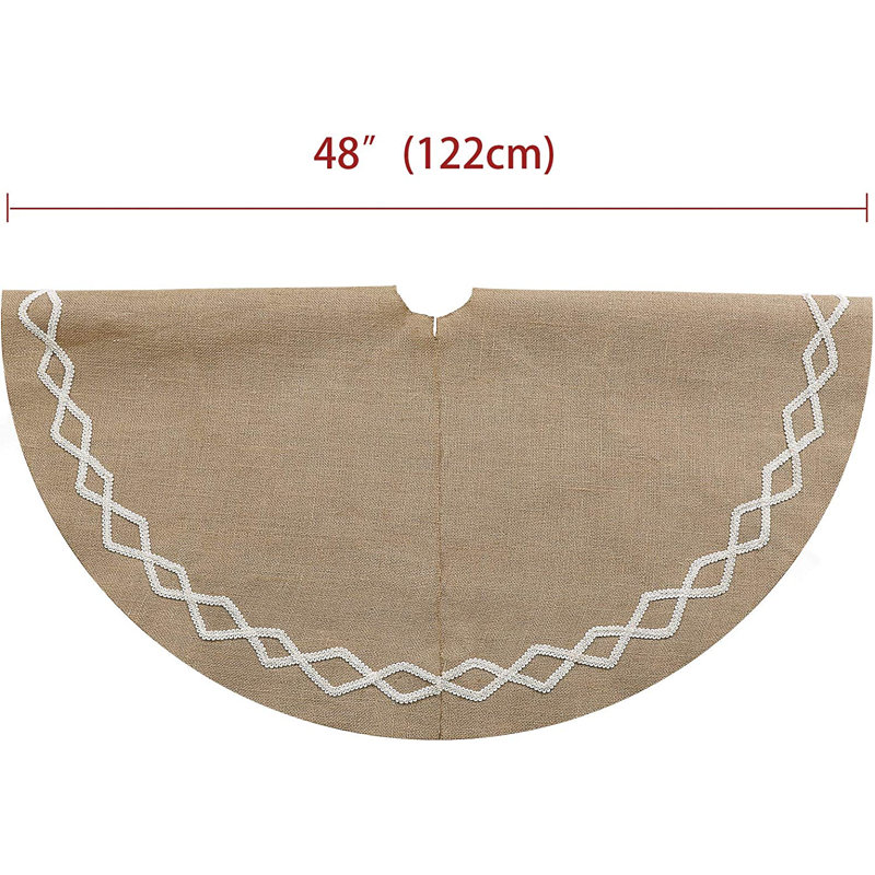 Jupe d'arbre de Noël, grande jute en toile de jute naturelle de 48 pouces avec décor de dentelle blanche cousue à la main