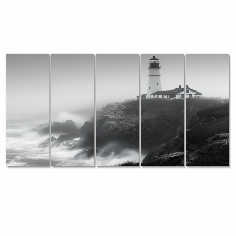 Phare monochrome brouillard d'hiver Cliff II - ensemble de décorations murales phares, H 32 po x l 80 po
