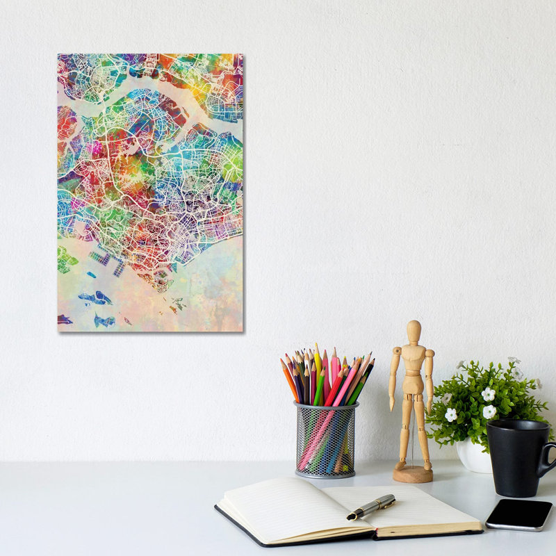 Singapore Map Color by Michael Tompsett - Wrapped Canvas Gallery-Wrapped Canvas Giclée, 20.32 cm H x 30.48 cm W