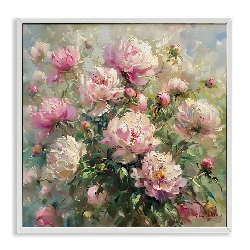 Floral, pivoines, estampe numérique, design par LSR Creative Studio, H 17 po x l 17 po, Blanc