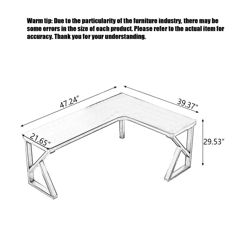 Bureau de coin en L en bois massif, H 29,53 po x l 47,24 po x P 39,37 po