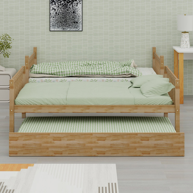 Rubber Wood Bunk Bed Including Trundle, Ladder, Guardrails, White Oak