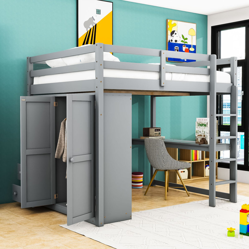 Lit mezzanine double avec garde-robe et bureau, Gris