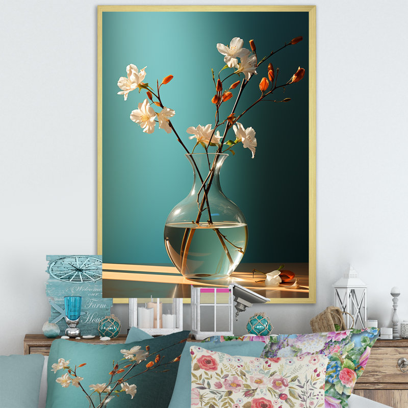 "Turquoise Flower Vase Tranquility I", reproduction d'art sur toile, Cadre doré simple, H 44 po x l 34 po x P 1,5 po