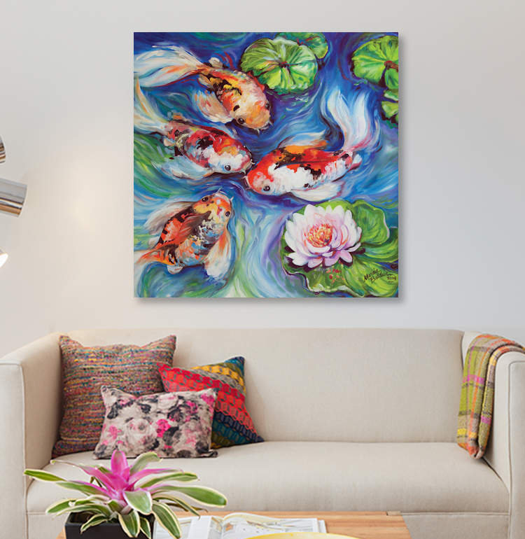 " Happiness Koi Dance " Oil, 12" H x 12" W x 0.75" D, Wrapped Canvas, No Mat