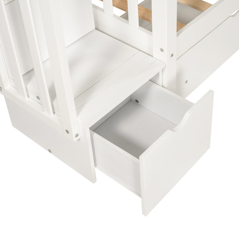Lit superposé double avec tablettes et 6 tiroirs de rangement, blanc - Espace maximisé pour les courtepointes, draps, livres, rangement pour escalier, divisible en deux lits, pieds en pin massif
