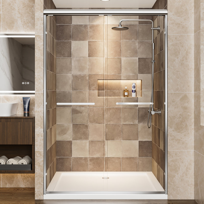 Aluminum Frame Double Sliding Shower Door, 72" H, 48" W, 1/4" (6mm) Clear Tempered Glass With - Breakage Film, Adjustable And For Bathroom Stainless Steel Handles, Reversible