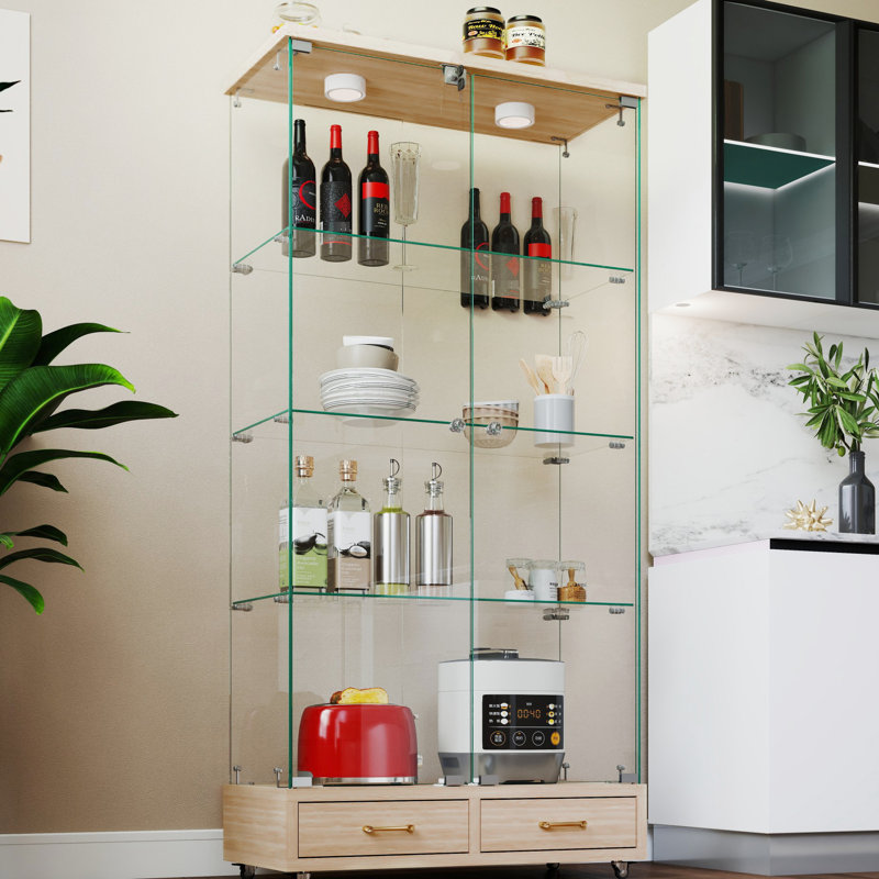 Quick - Install Glass And Storage Cabinet With 2 Large Drawers, 4 Shelves, 13 Colour Led Lights For Small Spaces Stylish Four Tier Display Assembly, Led, Drawers In Bedroom