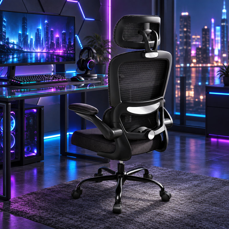 Chaise de bureau ergonomique avec support lombaire, dossier haut en maille, pivotante et à roulettes avec appui-tête, noire