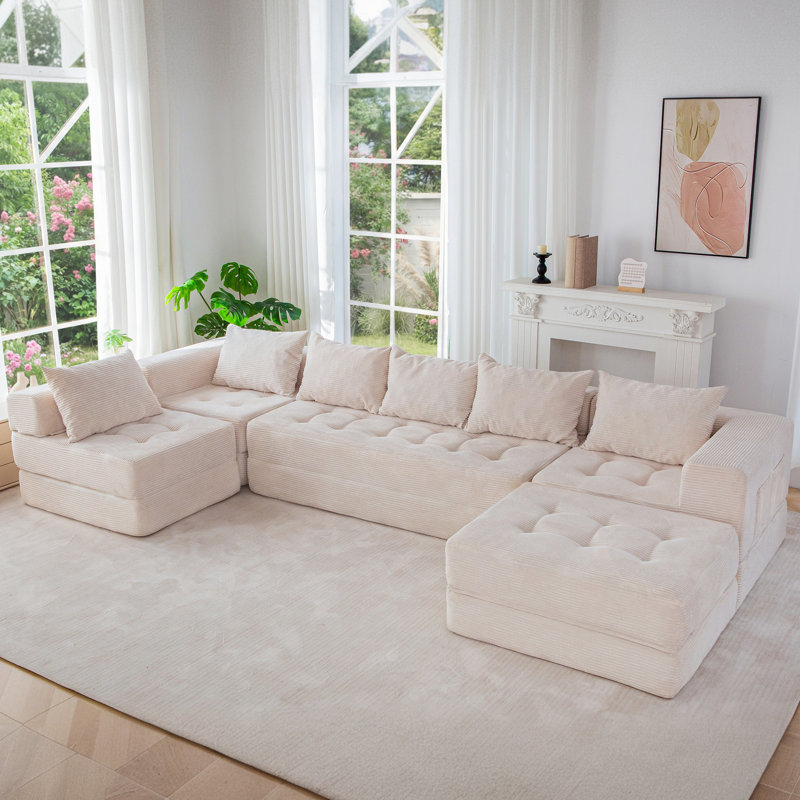 Boneless U Shaped Modular Sectional Sofa Couch, 15" H x 135" W x 63" D, Beige Corduroy