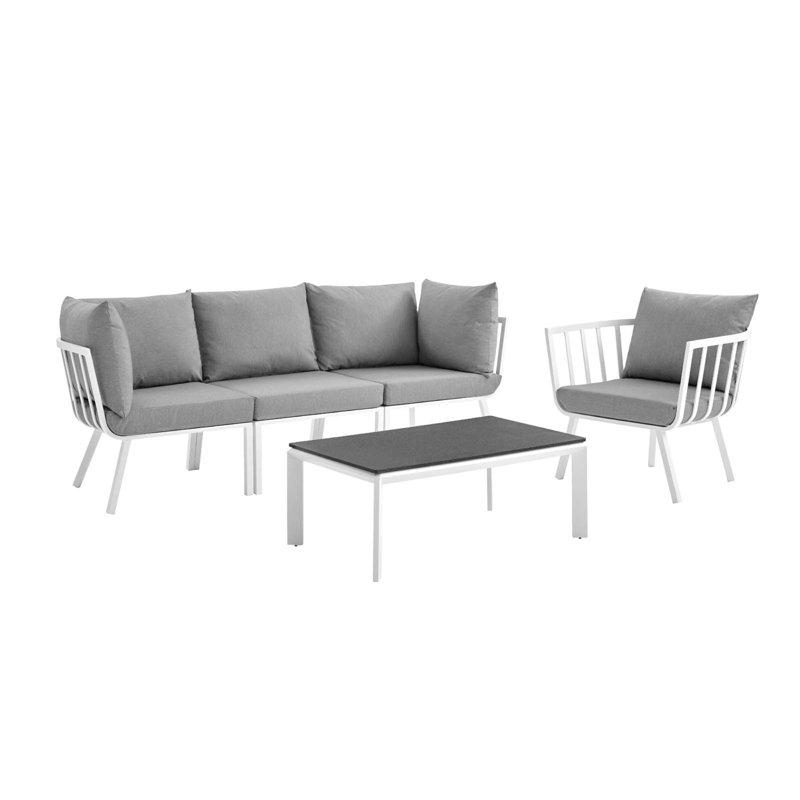 Riverside 5 Piece Outdoor Patio Aluminum Set, White Frame/Gray Cushion