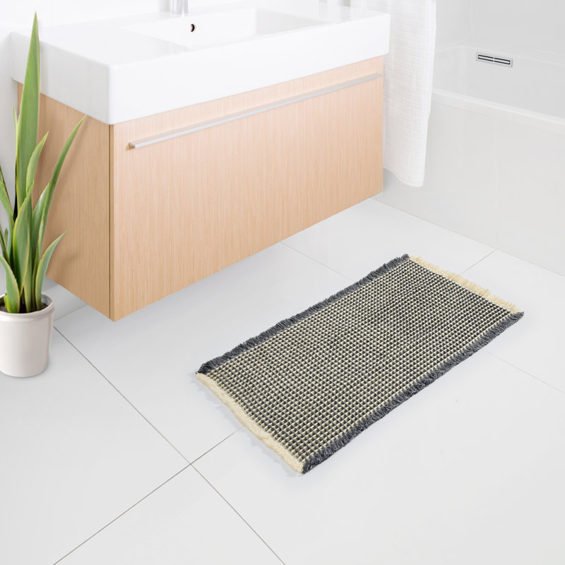 Upgraded Waffle Super Absorbent Non Slip Bath Rugs with Tassels for Bathroom Floor, 16"W x 24"L, Yellow/Gray