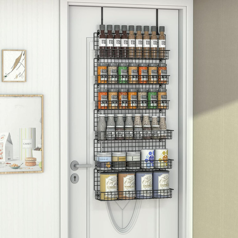Étagère à épices à 6 niveaux avec crochet de porte, support mural et porte-épices pour porte de garde-manger de cuisine, deux tailles, grande capacité, noir
