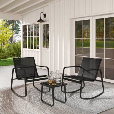 Ebern Designs 3 Piece Rocking Bistro Set Patio Furniture Set w/ 2 Rocking Chairs & Glass-Top Coffee Table by Ebern Designs
