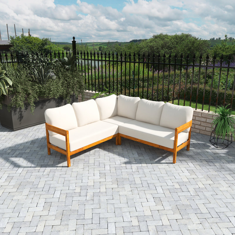 80" Acacia Solid Wood Outdoor Patio Sofa With Removable Cushion, Beige