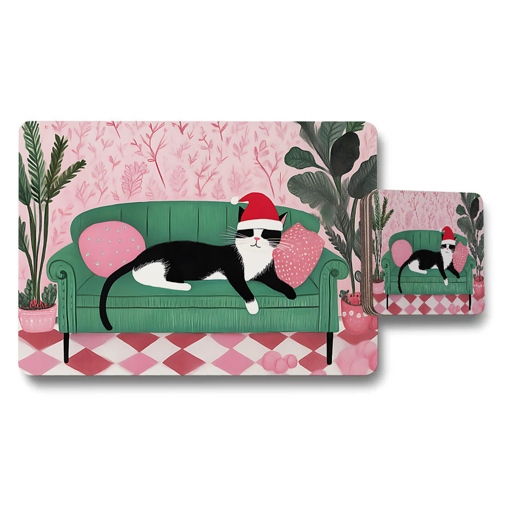 Santa Cat Placemat and Coaster Set With Green Sofa Design