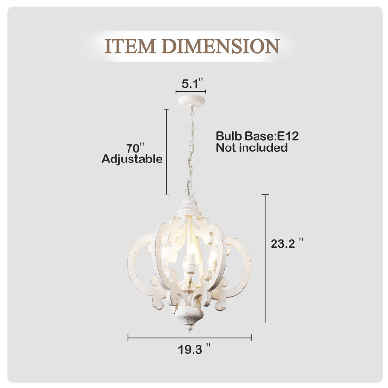 Farmhouse 6-Light Wood Chandelier Chic Crown Design Pendant Light For Living Room, Distressed White