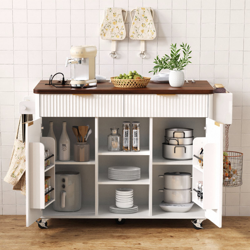 Fluted Modern Kitchen Island with Power Outlet, Drop-Leaf & Wheels for Flexible Storage and Prep Space, White
